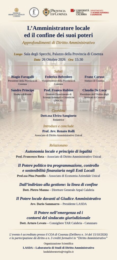 Convegno 26 ottobre 2026 “L’Amministratore Locale ed il confine dei suoi poteri”