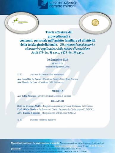 Evento on-line: “Tutela attuativa dei provvedimenti a contenuto personale nell’ambito familiare ed effettività della tutela giurisdizionale” – 30/09/2026